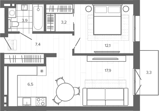 Планировка 2е-к.кв 51.27 м² в ЖК «Вышка. Барнаул»