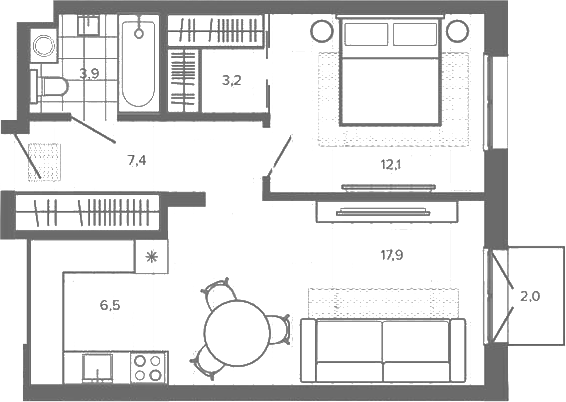 Планировка 2е-к.кв 51.08 м² в ЖК «Вышка. Барнаул»