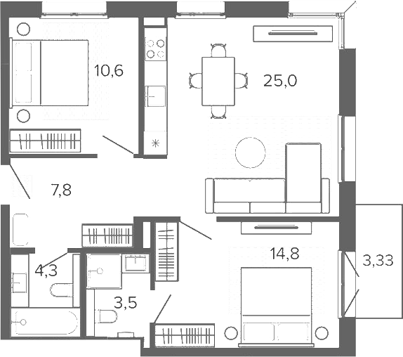 Планировка 3е-к.кв 65.72 м² в ЖК «Вышка. Барнаул»