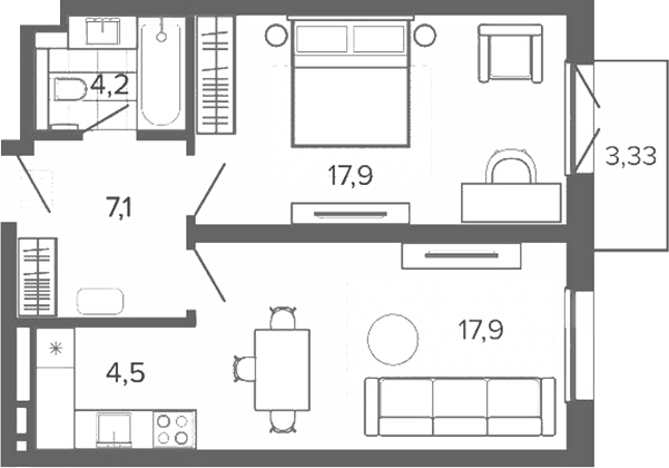 Планировка 2е-к.кв 51.60 м² в ЖК «Вышка. Барнаул»