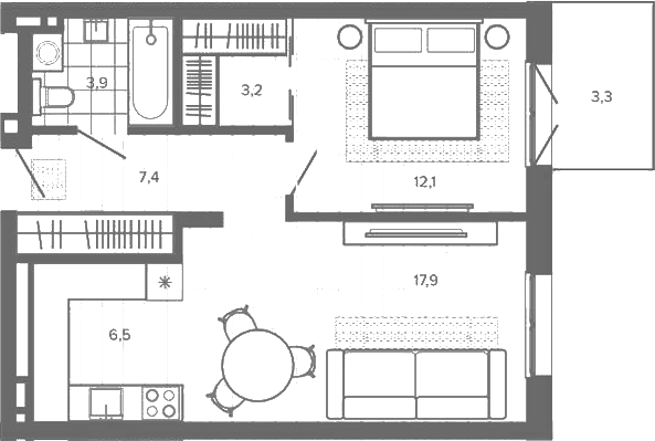 Планировка 2е-к.кв 51.27 м² в ЖК «Вышка. Барнаул»