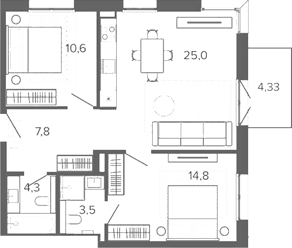 Планировка 3е-к.кв 65.59 м² в ЖК «Вышка. Барнаул»