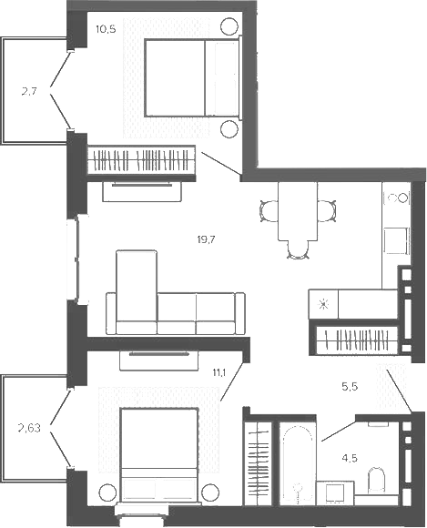 Планировка 3е-к.кв 51.30 м² в ЖК «Вышка. Барнаул»