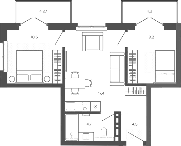 Планировка 3е-к.кв 46.30 м² в ЖК «Вышка. Барнаул»