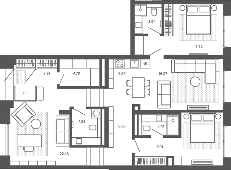 Планировка 4е-к.кв 109.39 м² в ЖК «Меланж. Барнаул»