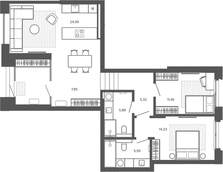 Планировка 3е-к.кв 83.57 м² в ЖК «Меланж. Барнаул»