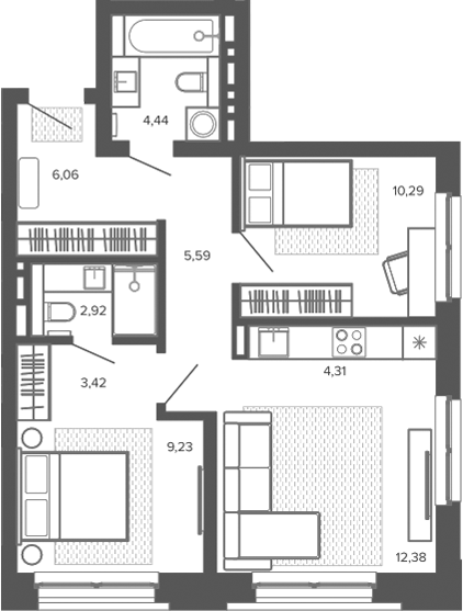 Планировка 3е-к.кв 58.64 м² в ЖК «Меланж. Барнаул»