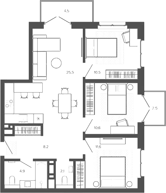 Планировка 4е-к.кв 73.40 м² в ЖК «Вышка. Барнаул»