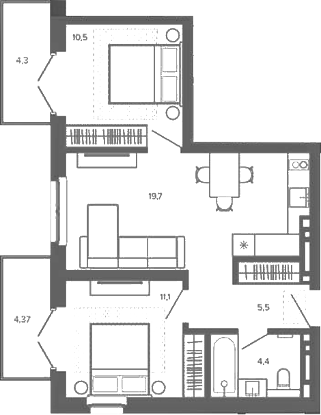 Планировка 3е-к.кв 50.51 м² в ЖК «Вышка. Барнаул»