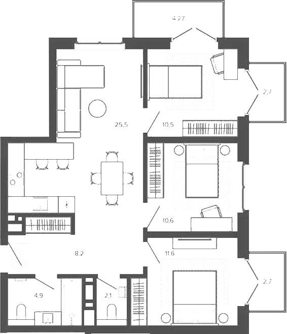 Планировка 4е-к.кв 72.84 м² в ЖК «Вышка. Барнаул»
