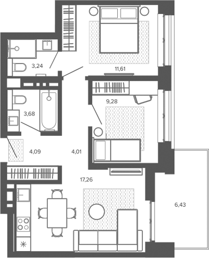 Планировка 3е-к.кв 53.17 м² в ЖК «Меланж. Барнаул»
