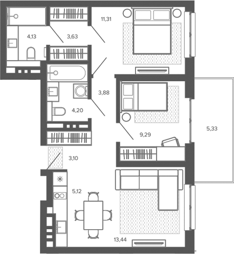 Планировка 3е-к.кв 58.10 м² в ЖК «Меланж. Барнаул»