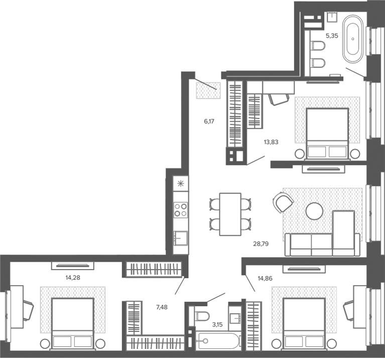 Планировка 4е-к.кв 93.80 м² в ЖК «Меланж. Барнаул»