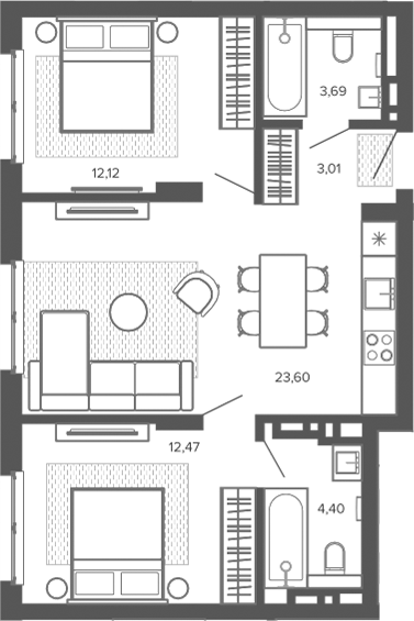 Планировка 3е-к.кв 59.29 м² в ЖК «Меланж. Барнаул»