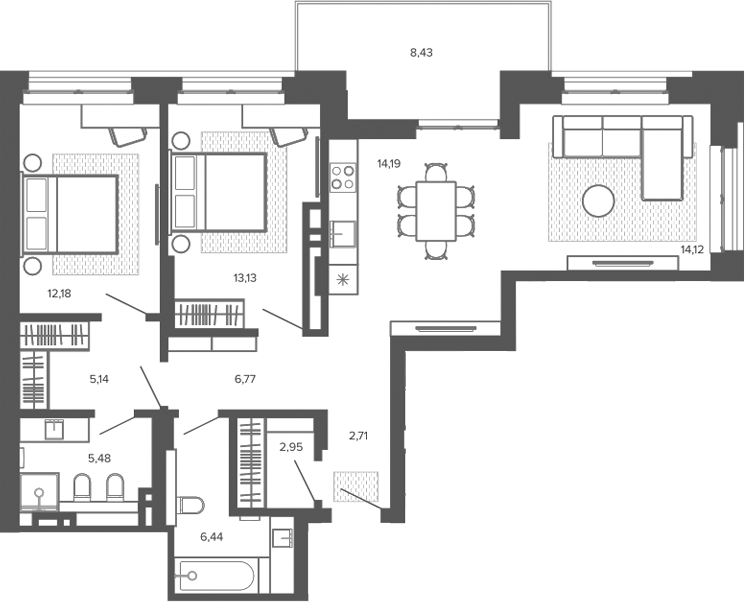 Планировка 3е-к.кв 83.11 м² в ЖК «Меланж. Барнаул»