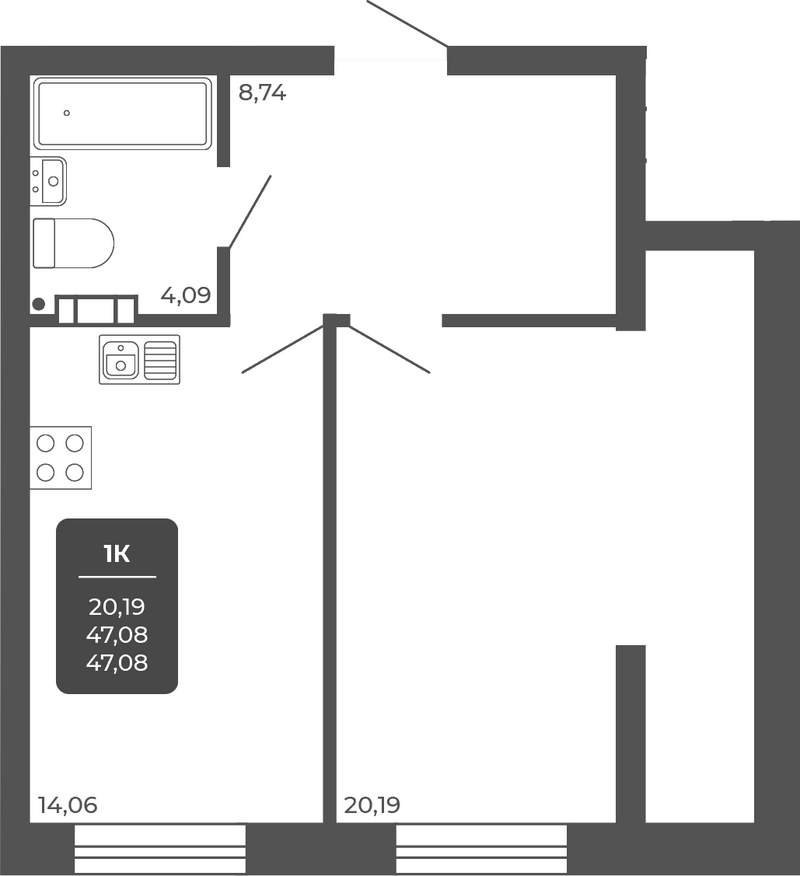 Планировка 1-к.кв 47.08 м² в ЖК «НОВА АПАРТ»