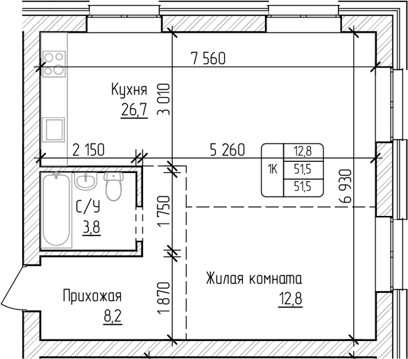Планировка своб. план. 51.50 м² в ЖК «Изумруд. Барнаул»