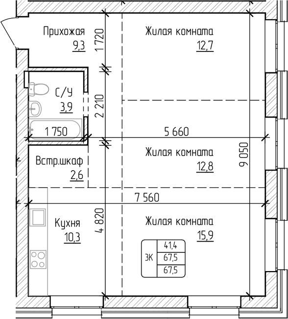 Планировка своб. план. 67.50 м² в ЖК «Изумруд. Барнаул»