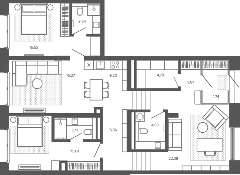 Планировка 4е-к.кв 109.52 м² в ЖК «Меланж. Барнаул»