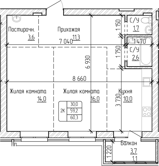 Планировка своб. план. 59.20 м² в ЖК «Изумруд. Барнаул»