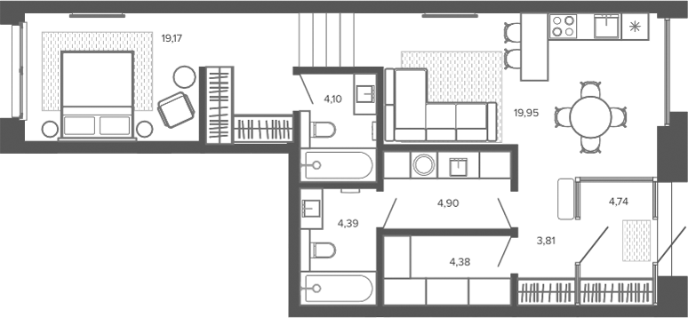 Планировка 2е-к.кв 65.44 м² в ЖК «Меланж. Барнаул»