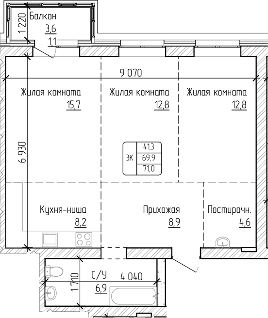 Планировка своб. план. 69.90 м² в ЖК «Изумруд. Барнаул»