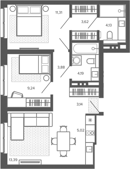 Планировка 3е-к.кв 57.92 м² в ЖК «Меланж. Барнаул»