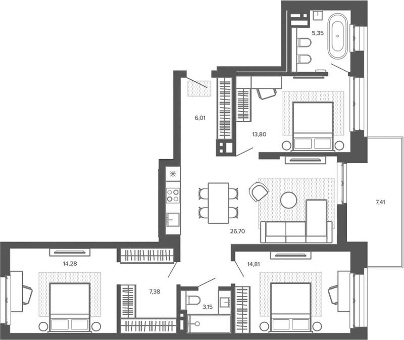 Планировка 4е-к.кв 91.48 м² в ЖК «Меланж. Барнаул»