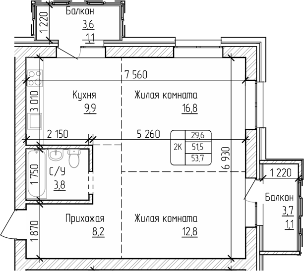 Планировка своб. план. 51.50 м² в ЖК «Изумруд. Барнаул»