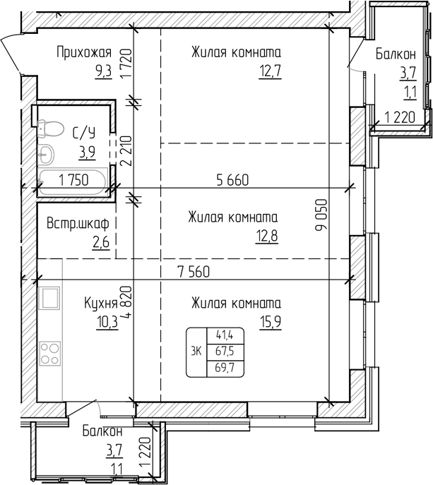 Планировка своб. план. 67.50 м² в ЖК «Изумруд. Барнаул»