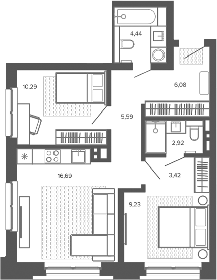 Планировка 3е-к.кв 58.67 м² в ЖК «Меланж. Барнаул»