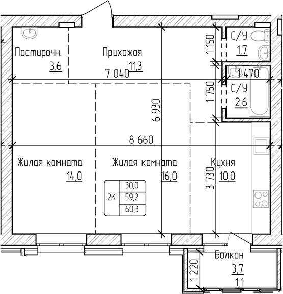 Планировка своб. план. 59.20 м² в ЖК «Изумруд. Барнаул»