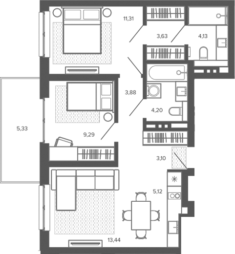Планировка 3е-к.кв 58.10 м² в ЖК «Меланж. Барнаул»