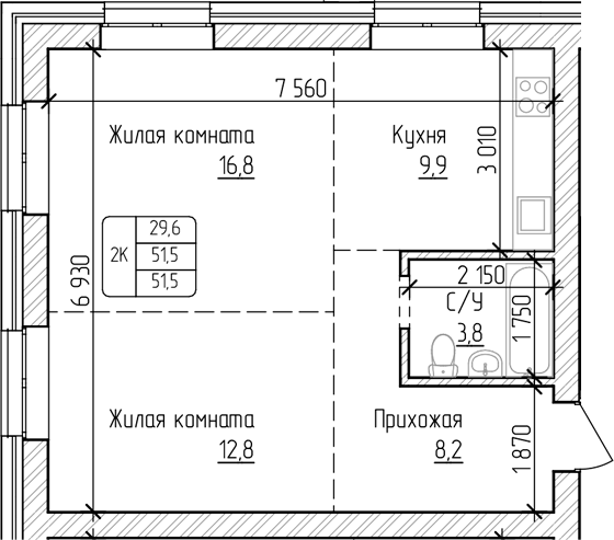 Планировка своб. план. 51.50 м² в ЖК «Изумруд. Барнаул»