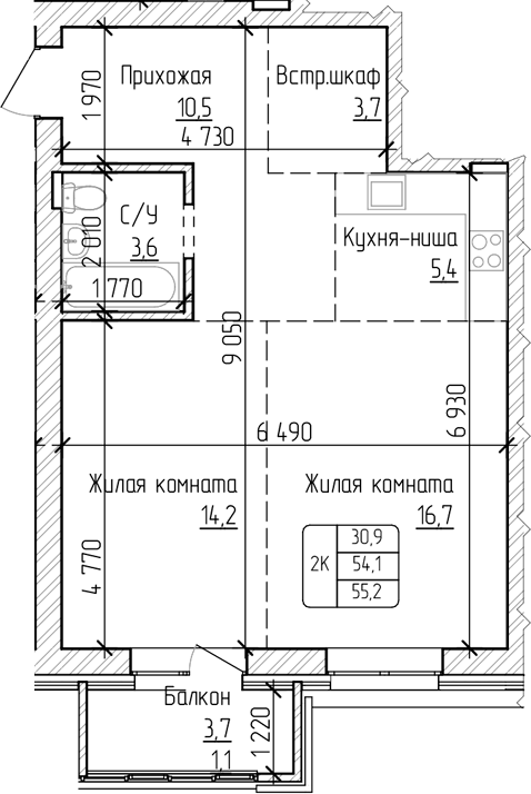 Планировка своб. план. 54.10 м² в ЖК «Изумруд. Барнаул»