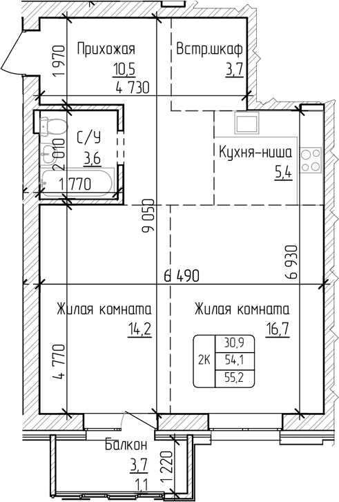 Планировка своб. план. 54.10 м² в ЖК «Изумруд. Барнаул»