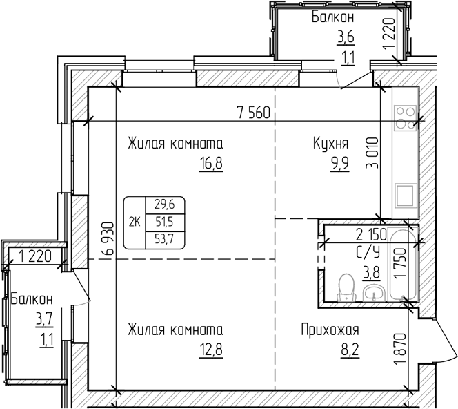 Планировка своб. план. 51.50 м² в ЖК «Изумруд. Барнаул»