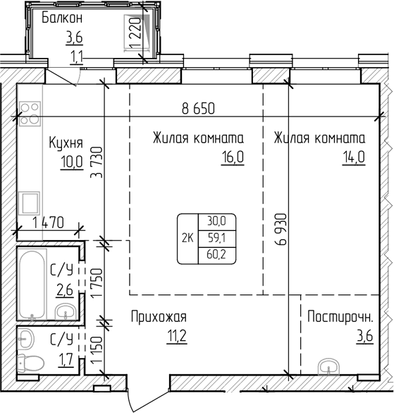 Планировка своб. план. 59.10 м² в ЖК «Изумруд. Барнаул»