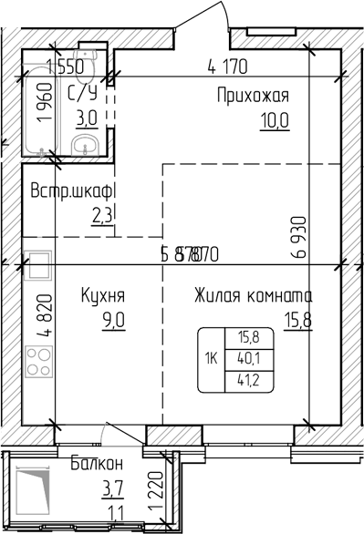 Планировка своб. план. 40.10 м² в ЖК «Изумруд. Барнаул»