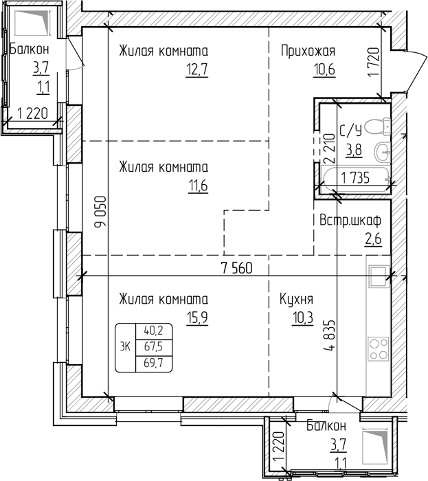 Планировка своб. план. 67.50 м² в ЖК «Изумруд. Барнаул»