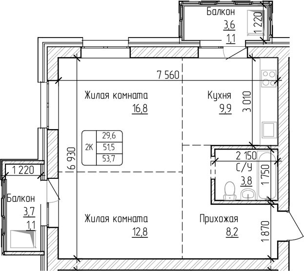 Планировка своб. план. 51.50 м² в ЖК «Изумруд. Барнаул»