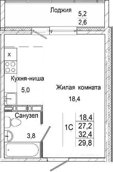 Планировка студии 27.20 м² в ЖК «Родина»
