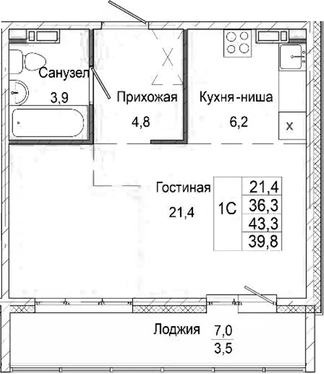 Планировка студии 36.30 м² в ЖК «Родина»