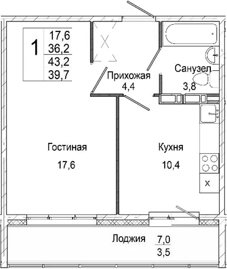 Планировка 1-к.кв 36.20 м² в ЖК «Родина»