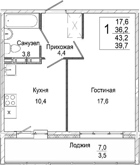 Планировка 1-к.кв 36.20 м² в ЖК «Родина»