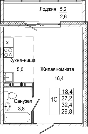 Планировка студии 27.20 м² в ЖК «Родина»