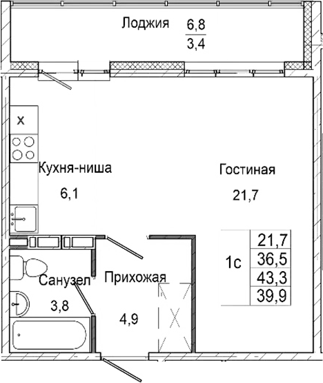 Планировка студии 36.50 м² в ЖК «Родина»