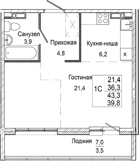 Планировка студии 36.30 м² в ЖК «Родина»