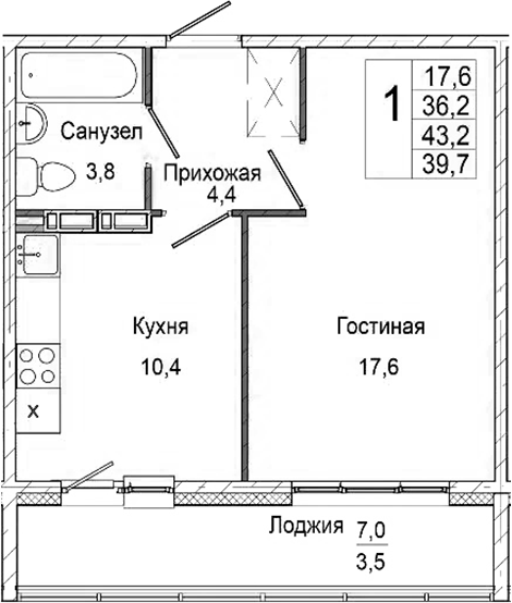Планировка 1-к. квартира 36.20 м² в ЖК «Родина»