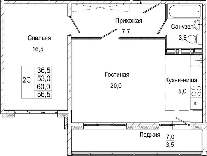 Планировка 2е-к. квартира 53.00 м² в ЖК «Родина»